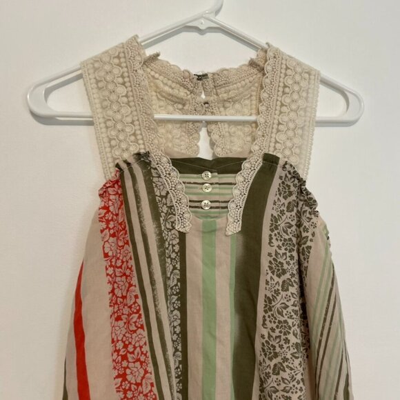 CABI 266 Whisper Gauze Tank Cream Beige Green Floral Striped Crochet Boho Blouse - Picture 5 of 16